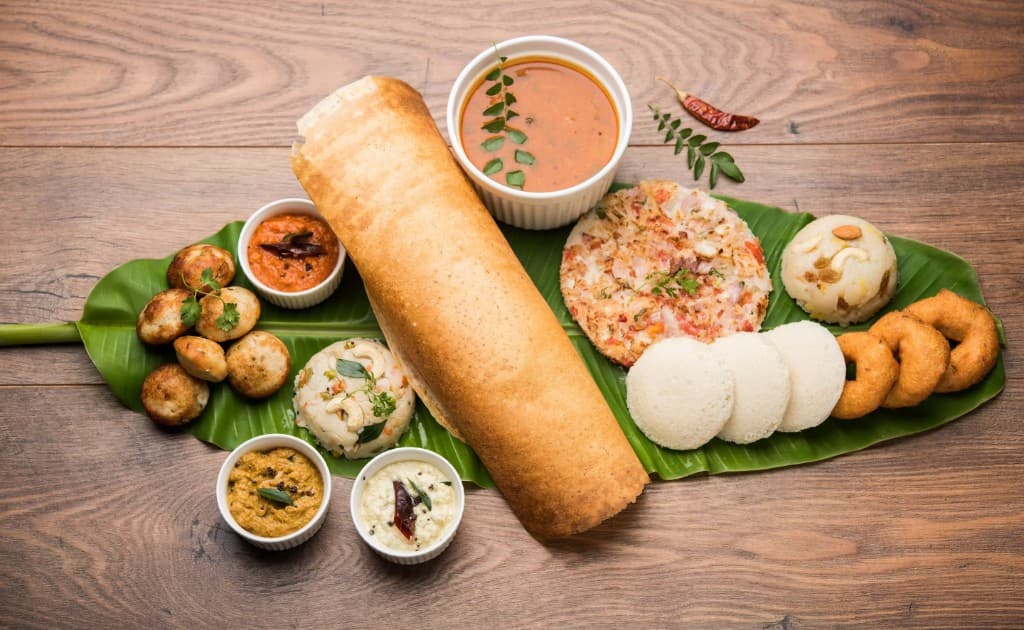 Mylapore South Indian meal served on a banana leaf